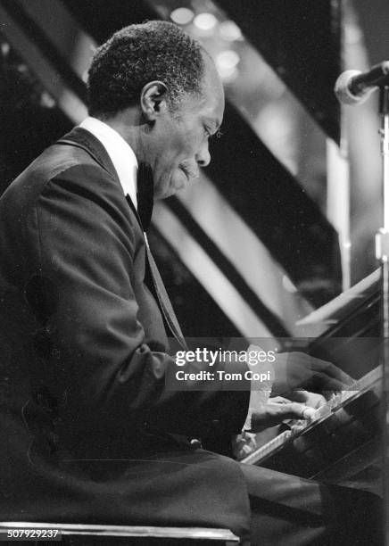 Musician Hank Jones performing at the Monterey Jazz Festival in Monterey, California in 1977.