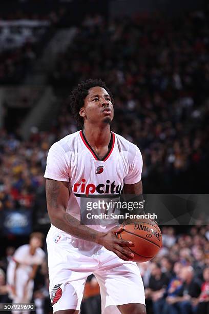Ed Davis of the Portland Trail Blazers shoots a free throw against the Los Angeles Lakers on January 23, 2016 at the Moda Center Arena in Portland,...