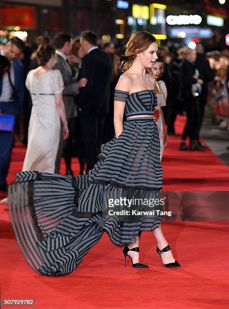 Lily James attends the European premiere of "Pride And Prejudice And Zombies" at the Vue West End on February 1, 2016 in London, England.