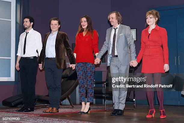 Actors David Zeboulon, Benabar, Zoe Felix, Pascal Demolon and Isabelle Habiague acknowledge the applause of the audience at the end of Theater Play...