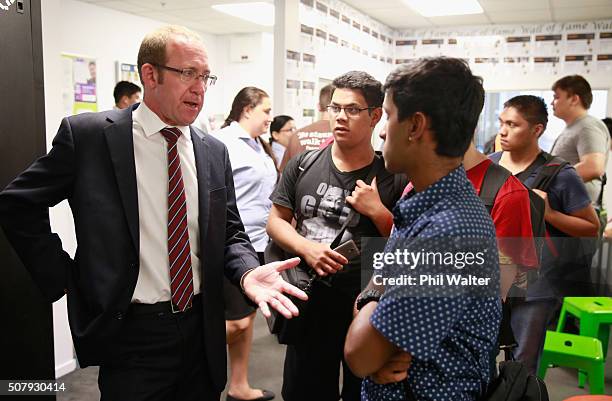 Labour Party Leader Andrew Little speaks with Techtorium students at the New Zealand Insititute of Information Technology in Newmarket on February 2,...