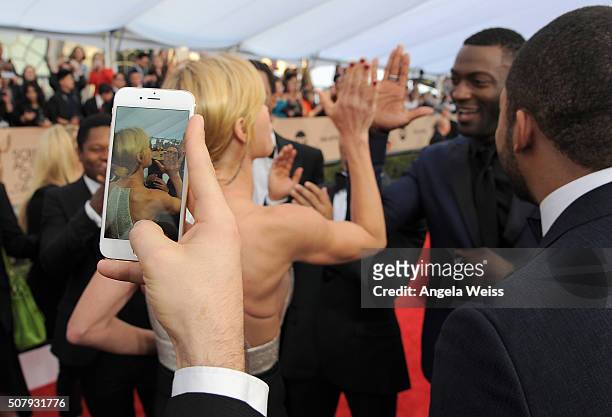 Actress Julie Bowen greets the cast of 'Straight Outta Compton' at the 22nd Annual Screen Actors Guild Awards at The Shrine Auditorium on January 30,...