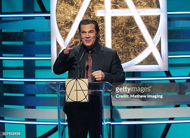 Actor Josh Brolin speaks on stage at the 20th Annual Art Directors Guild Excellence In Production Design Awards at The Beverly Hilton Hotel on...