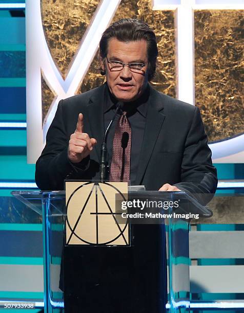 Actor Josh Brolin speaks on stage at the 20th Annual Art Directors Guild Excellence In Production Design Awards at The Beverly Hilton Hotel on...