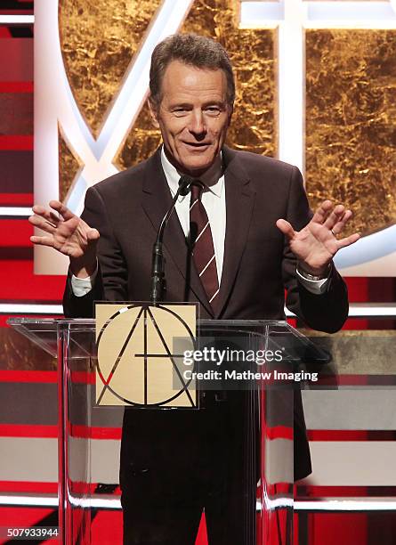 Bryan Cranston speaks on stage at the 20th Annual Art Directors Guild Excellence In Production Design Awards at The Beverly Hilton Hotel on January...