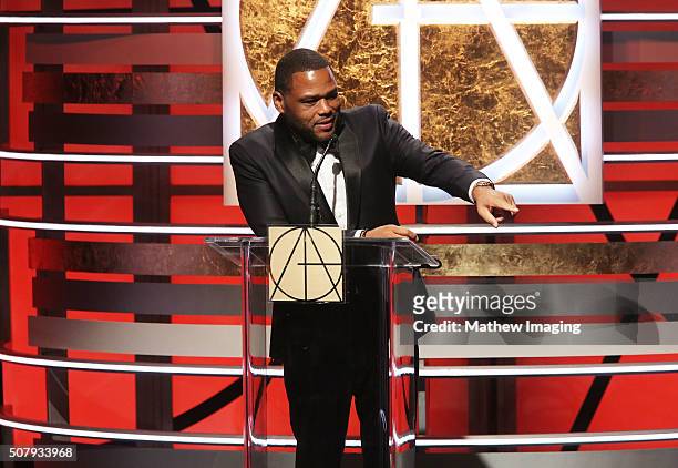 Actor Anthony Anderson speaks on stage at the 20th Annual Art Directors Guild Excellence In Production Design Awards at The Beverly Hilton Hotel on...