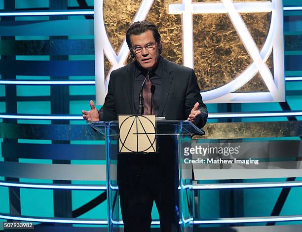 Actor Josh Brolin speaks on stage at the 20th Annual Art Directors Guild Excellence In Production Design Awards at The Beverly Hilton Hotel on...