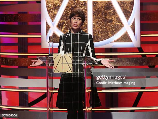 Production designer Deborah Riley speaks on stage at the 20th Annual Art Directors Guild Excellence In Production Design Awards at The Beverly Hilton...