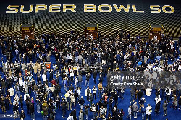 Head coach Ron Rivera of the Carolina Panthers, Cam Newton, and Luke Kuechly address the media at Super Bowl Opening Night Fueled by Gatorade at SAP...