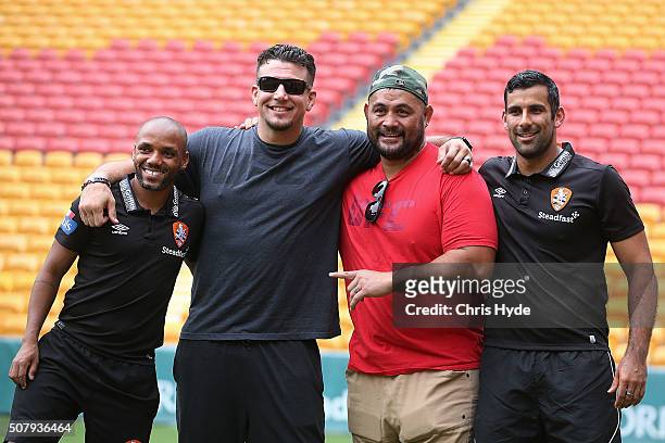 Henrique of the Roar, UFC Fighters Frank Mir, Mark Hunt and Jamie Young of the Roar pose for photographs during a media opportunity at Suncorp...