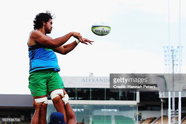 Steven Luatua of the Blues runs through drills on during a Blues super rugby training session at Alexander Park on February 2, 2016 in Auckland, New...
