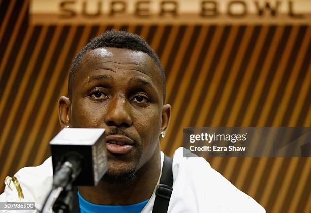 Thomas Davis of the Carolina Panthers addresses the media at Super Bowl Opening Night Fueled by Gatorade at SAP Center on February 1, 2016 in San...