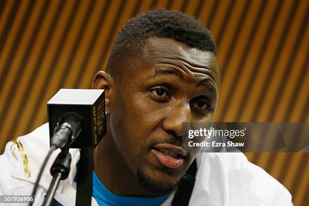 Thomas Davis of the Carolina Panthers addresses the media at Super Bowl Opening Night Fueled by Gatorade at SAP Center on February 1, 2016 in San...