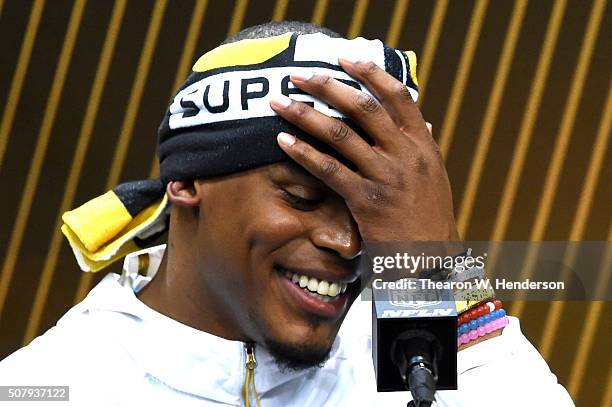 Cam Newton of the Carolina Panthers addresses the media at Super Bowl Opening Night Fueled by Gatorade at SAP Center on February 1, 2016 in San Jose,...