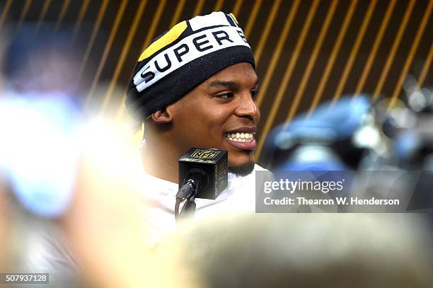 Cam Newton of the Carolina Panthers addresses the media at Super Bowl Opening Night Fueled by Gatorade at SAP Center on February 1, 2016 in San Jose,...