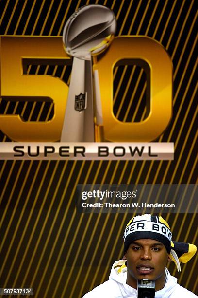 Cam Newton of the Carolina Panthers addresses the media at Super Bowl Opening Night Fueled by Gatorade at SAP Center on February 1, 2016 in San Jose,...