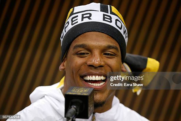 Cam Newton of the Carolina Panthers addresses the media at Super Bowl Opening Night Fueled by Gatorade at SAP Center on February 1, 2016 in San Jose,...