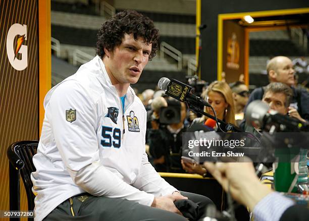 Luke Kuechly of the Carolina Panthers addresses the media at Super Bowl Opening Night Fueled by Gatorade at SAP Center on February 1, 2016 in San...