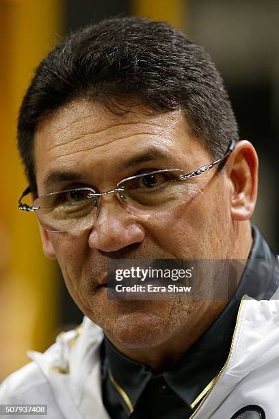 Head coach Ron Rivera of the Carolina Panthers addresses the media at Super Bowl Opening Night Fueled by Gatorade at SAP Center on February 1, 2016...