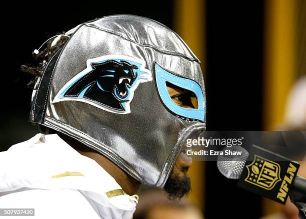 Josh Norman of the Carolina Panthers addresses the media at Super Bowl Opening Night Fueled by Gatorade at SAP Center on February 1, 2016 in San...