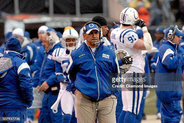 Head coach Tony Dungy of the Indianapolis Colts stands on the field during a game against the Cleveland Browns on November 30, 2008 at Cleveland...