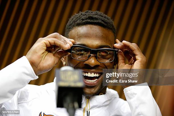 Emmanuel Sanders of the Denver Broncos addresses the media at Super Bowl Opening Night Fueled by Gatorade at SAP Center on February 1, 2016 in San...