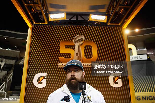 Ryan Kalil of the Carolina Panthers addresses the media at Super Bowl Opening Night Fueled by Gatorade at SAP Center on February 1, 2016 in San Jose,...