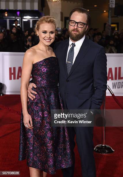 Actress Alison Pill and Joshua Leonard attend Universal Pictures' "Hail, Caesar!" premiere at Regency Village Theatre on February 1, 2016 in...