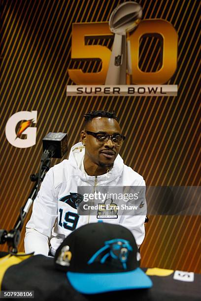 Ted Ginn Jr. #19 of the Carolina Panthers addresses the media at Super Bowl Opening Night Fueled by Gatorade at SAP Center on February 1, 2016 in San...