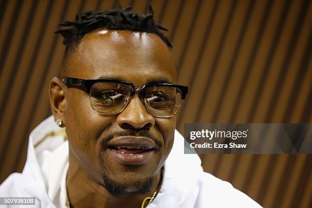 Ted Ginn Jr. #19 of the Carolina Panthers addresses the media at Super Bowl Opening Night Fueled by Gatorade at SAP Center on February 1, 2016 in San...