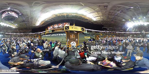 Luke Kuechly of the Carolina Panthers addresses the media at Super Bowl Opening Night Fueled by Gatorade at SAP Center on February 1, 2016 in San...