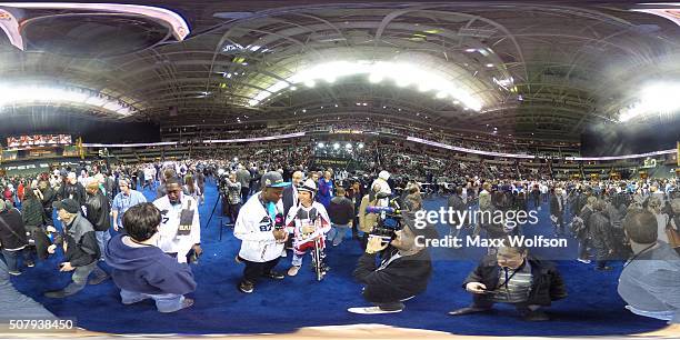 Stephen Hill of the Carolina Panthers addresses the media at Super Bowl Opening Night Fueled by Gatorade at SAP Center on February 1, 2016 in San...