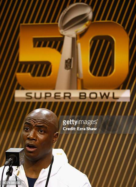 DeMarcus Ware of the Denver Broncos addresses the media at Super Bowl Opening Night Fueled by Gatorade at SAP Center on February 1, 2016 in San Jose,...