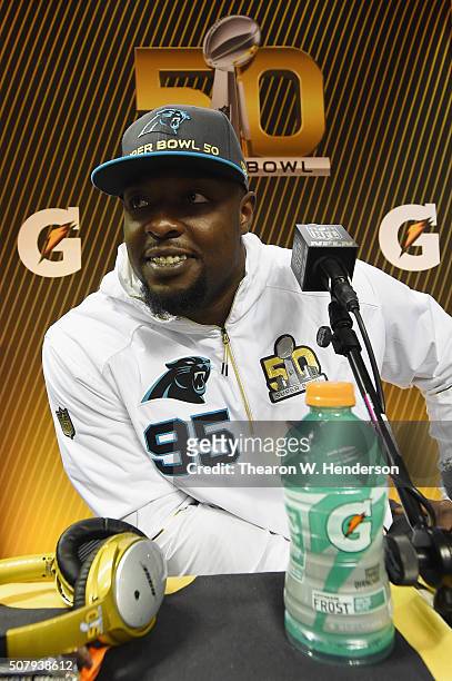 Charles Johnson of the Carolina Panthers addresses the media at Super Bowl Opening Night Fueled by Gatorade at SAP Center on February 1, 2016 in San...