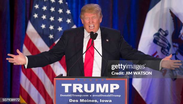 Republican Presidential candidate Donald Trump addresses his supporters after finishing second in the Iowa Caucus, in West Des Moines, Iowa, February...