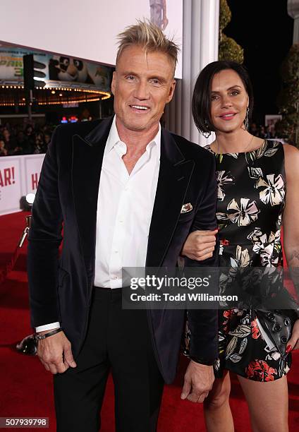 Actor Dolph Lundgren and Jenny Sandersson attend Universal Pictures' "Hail, Caesar!" premiere at Regency Village Theatre on February 1, 2016 in...