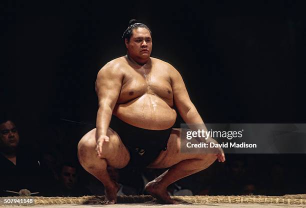 Akebono Taro, born in Hawaii as Chad Rowan, performs a ritual prior to a match in the 1993 San Jose Basho sumo wrestling tournament held June 4-5,...