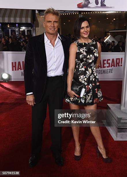 Actor Dolph Lundgren and Jenny Sandersson attend Universal Pictures' "Hail, Caesar!" premiere at Regency Village Theatre on February 1, 2016 in...