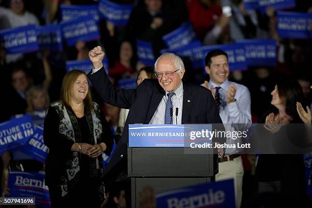 Democratic presidential candidate Bernie Sanders speaks during his Caucus night event at the at the Holiday Inn February 1, 2016 in Des Moines, Iowa....