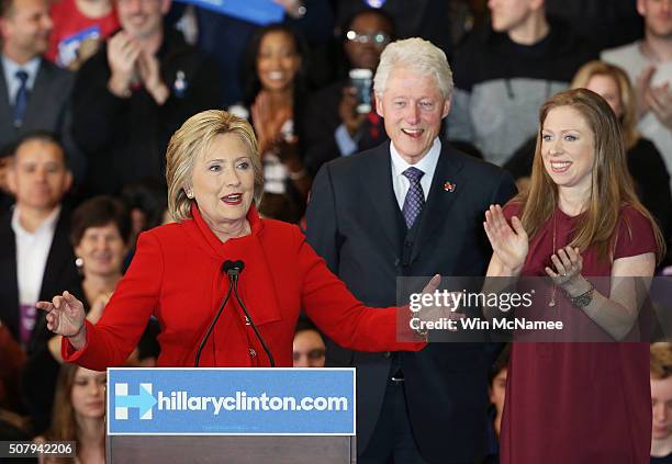 Democratic presidential candidate former Secretary of State Hillary Clinton speaks to supporters as Former U.S. President Bill Clinton and daughter...