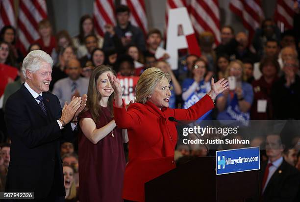 Democratic presidential candidate former Secretary of State Hillary Clinton speaks to supporters as Former U.S. President Bill Clinton and daughter...