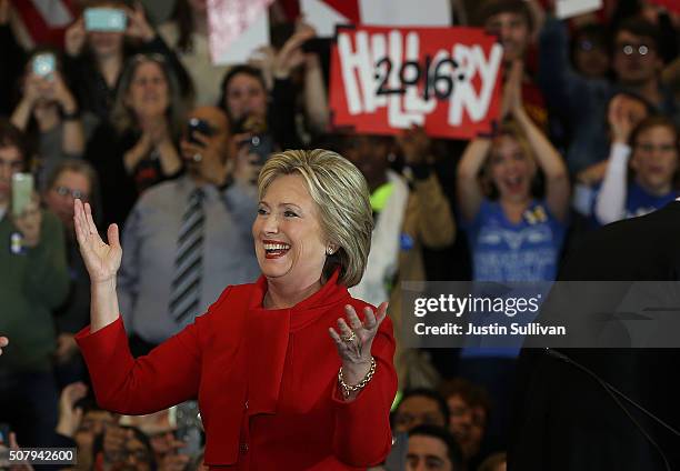 Democratic presidential candidate former Secretary of State Hillary Clinton greets supporters during her caucus night event in the Olmsted Center at...