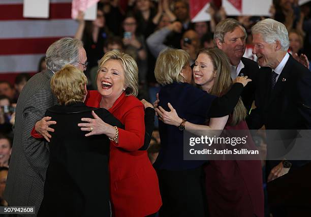 Democratic presidential candidate former Secretary of State Hillary Clinton speaks to supporters as Former U.S. President Bill Clinton and daughter...