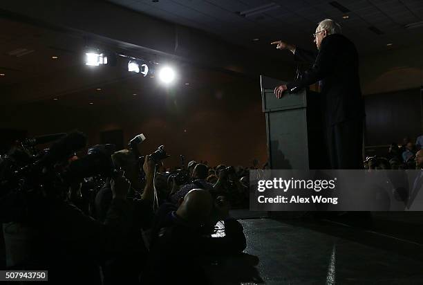 Democratic presidential candidate Sen. Bernie Sanders speaks to supporters during a caucus night party February 1, 2016 in Des Moines, Iowa. Sanders...
