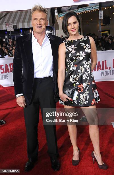 Actor Dolph Lundgren and Jenny Andersson attend the Premiere of Universal Pictures' 'Hail, Caesar!' at the Regency Village Theatre on February 1,...