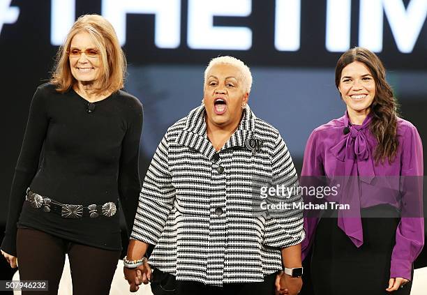 Gloria Steinem, Ella Bell Smith, America Ferrera speak onstage during the AOL MAKERS Conference - Day 1 held at Terranea Resort on February 1, 2016...