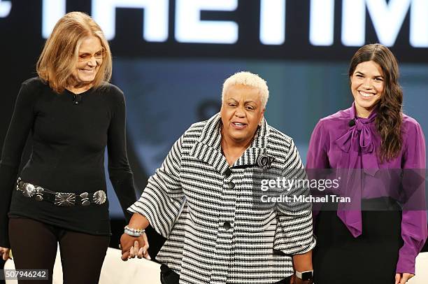 Gloria Steinem, Ella Bell Smith, America Ferrera speak onstage during the AOL MAKERS Conference - Day 1 held at Terranea Resort on February 1, 2016...