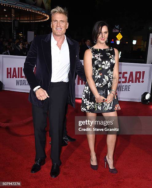 Dolph Lundgren and Jenny Sandersson arrives at the Premiere Of Universal Pictures' "Hail, Caesar!" at Regency Village Theatre on February 1, 2016 in...