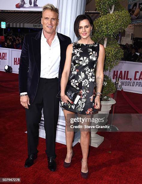 Dolph Lundgren and Jenny Sandersson arrives at the Premiere Of Universal Pictures' "Hail, Caesar!" at Regency Village Theatre on February 1, 2016 in...