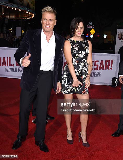 Dolph Lundgren and Jenny Sandersson arrives at the Premiere Of Universal Pictures' "Hail, Caesar!" at Regency Village Theatre on February 1, 2016 in...